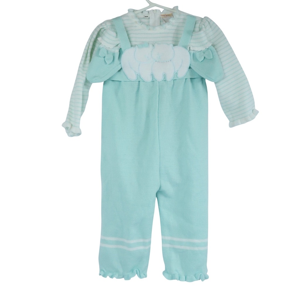 Vintage Friemanit Aqua Blue Knit Jumper Set w Booties Cat Applique Stripe 18M